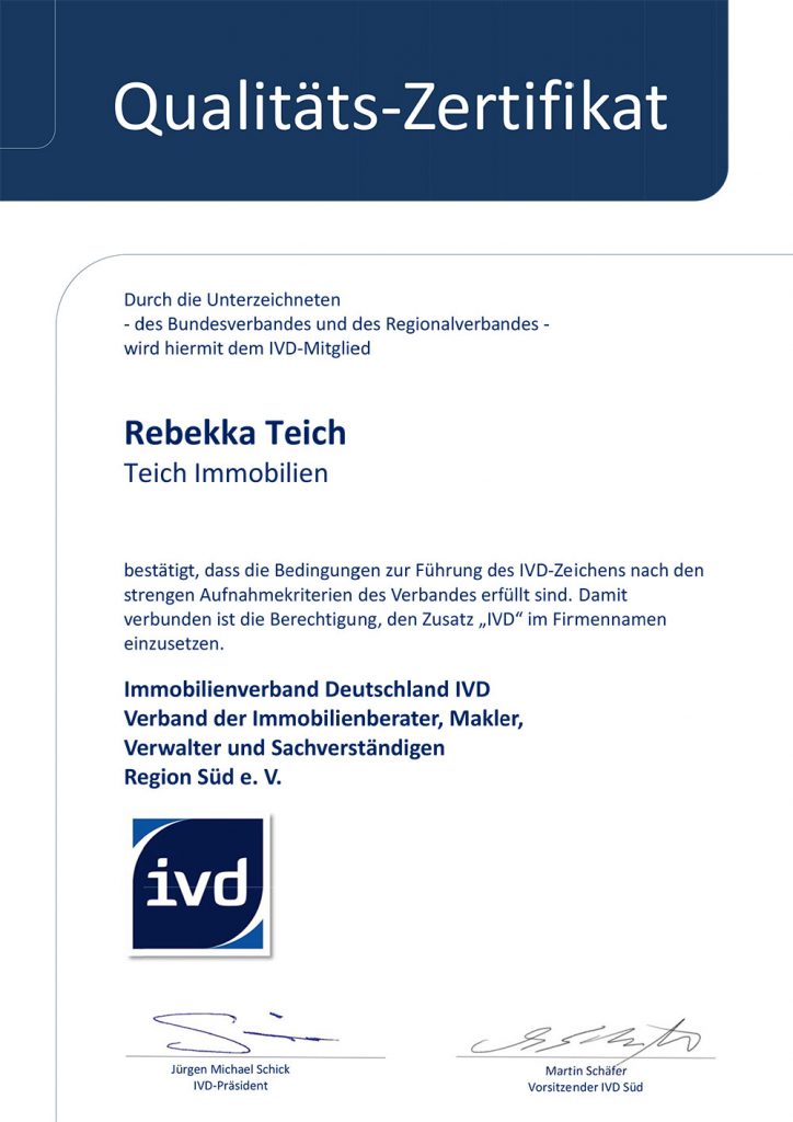 Qualitäts-Zertifikat des Immobilienverbandes Deutschland.